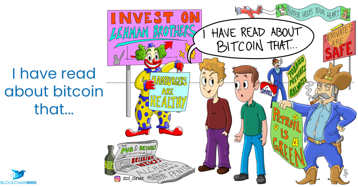 Een cartoon met een mannetje dat zegt: I have read about Bitcoin that… En dan allerlei onzin wat die dan gelezen heeft.